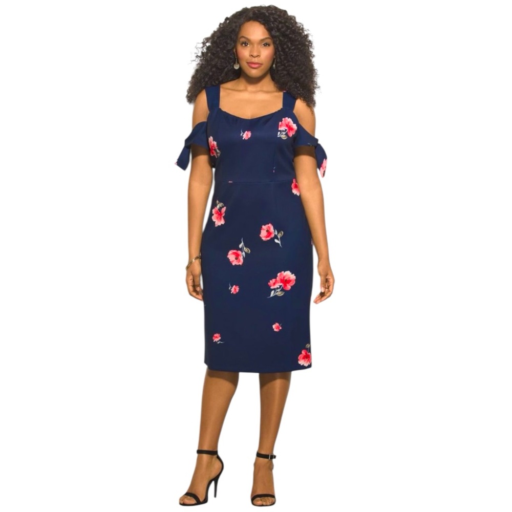 Ashley Graham Floral Sheath Dress Women’s 14 Navy Draped Sleeve